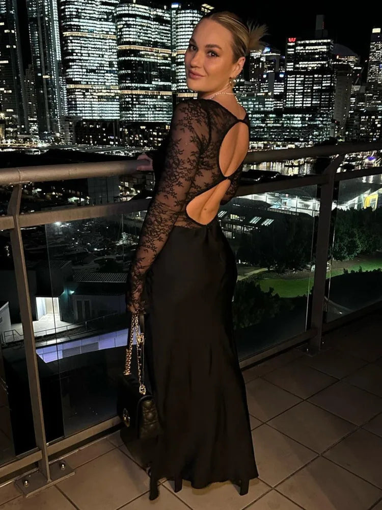 Sexy Lace Patchwork Hollow Out Women Dress Long Sleeve High Split Sheer Female Dress Elegant Party Club Evening Dress