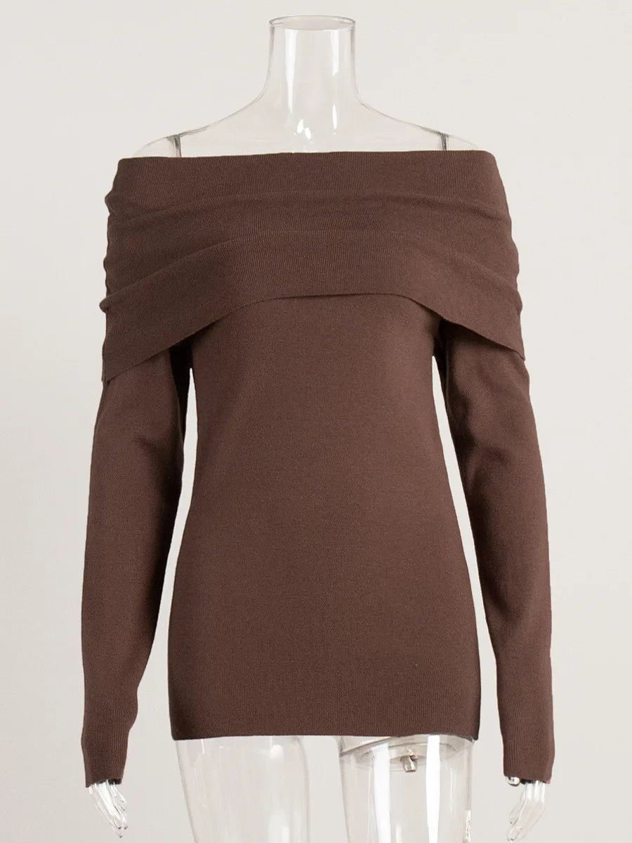 Elegant Knitted Long Sleeve Sweater High Elasticity Slim Top For Women 2025 New Winter Sexy One Shoulder Tight Sweater