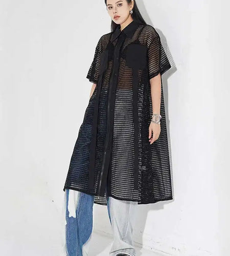 Women Black Mesh Perspective Midi Big Size Shirt Dress New Lapel Short Sleeve Fashion Tide Spring Summer 2025 1DH4934