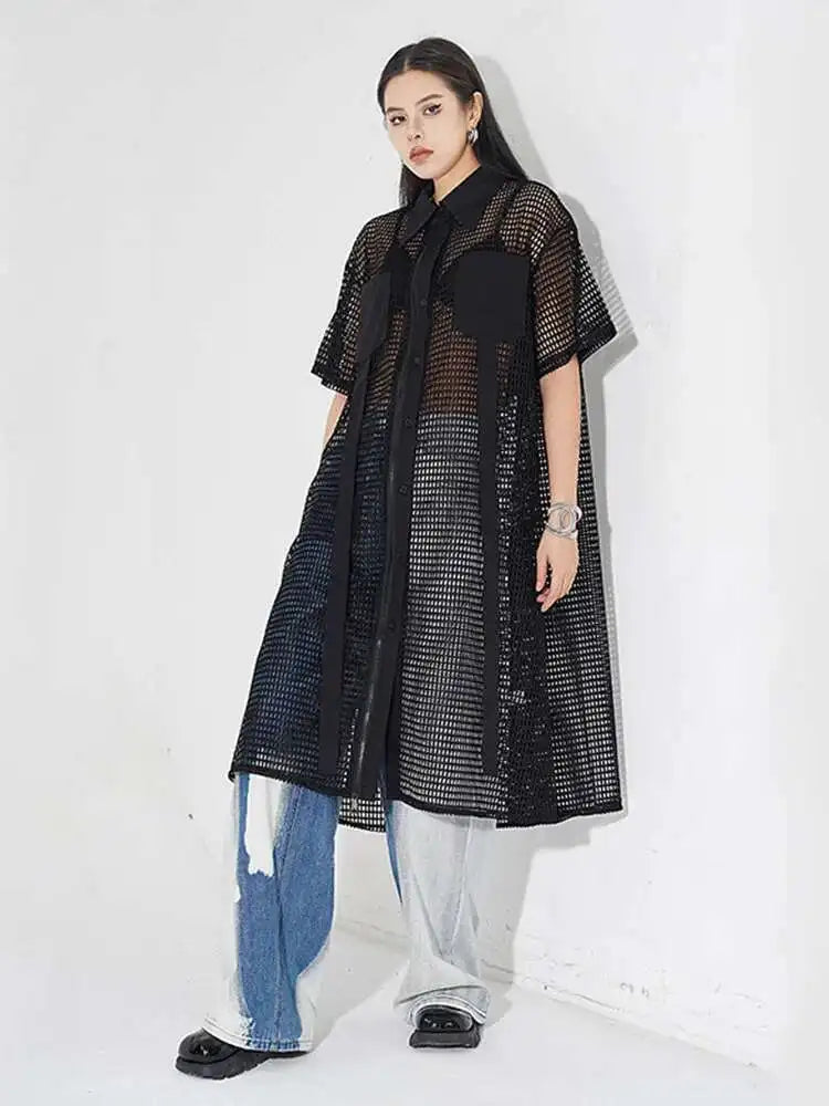 Women Black Mesh Perspective Midi Big Size Shirt Dress New Lapel Short Sleeve Fashion Tide Spring Summer 2025 1DH4934