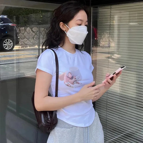 Load image into Gallery viewer, Korean Fashion Irregular Crop Tops Chic Graphic T-shirts Y2k Aesthetics Sexy Slim Tshirt Grunge Print Designer Clothes
