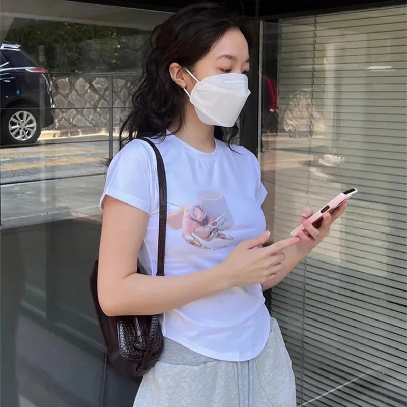 Korean Fashion Irregular Crop Tops Chic Graphic T-shirts Y2k Aesthetics Sexy Slim Tshirt Grunge Print Designer Clothes