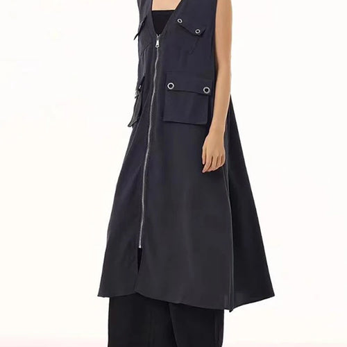 Load image into Gallery viewer, Women Black Zipper Pockets Spliced Big Size Midi Vest Dress New V-Neck Sleeveless Fashion Tide Spring Autumn 2025  1DJ1194

