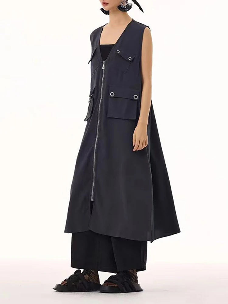 Women Black Zipper Pockets Spliced Big Size Midi Vest Dress New V-Neck Sleeveless Fashion Tide Spring Autumn 2025  1DJ1194