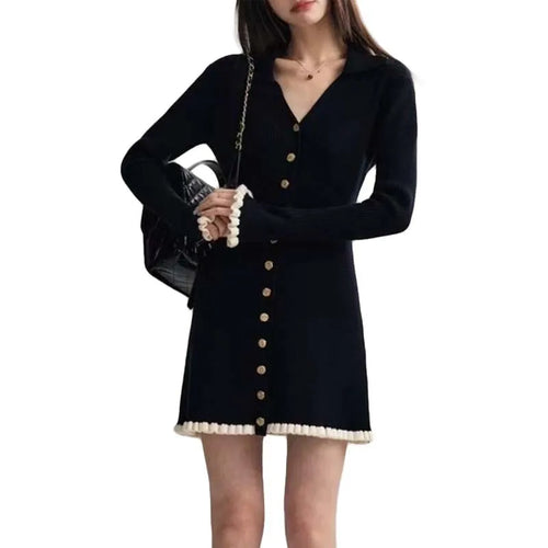 Load image into Gallery viewer, Spring Vintage Black Patchwork Elegant Office Knitted Short Dress Women's V-neck Slim Long Sleeve Single Breasted Mini Dress New
