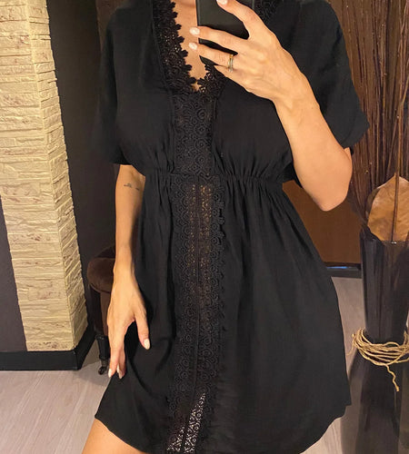 4 Colors V Neck Lace Short Sleeve Tunic Beach Cover Up Cover-ups Beach Dress Beach Wear Beachwear Female Women V5638