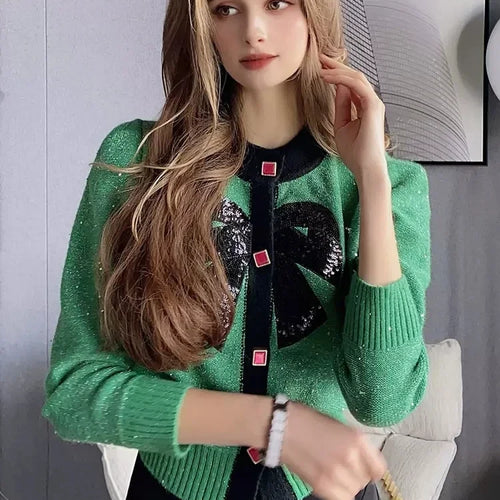 Load image into Gallery viewer, Women Vintage Knit Cardigan With Embroidery Long Sleeves Round Neck Ribbed Trims Cardigan Female Elegant Sweater Outerwear C-044
