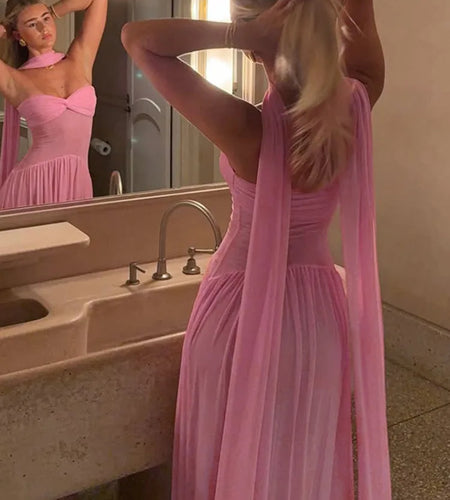 Scarf Collar Backless Sexy Maxi Dress For Women Gown Pink Strapless Off-shoulder Backless Mesh Long Dress Vestido