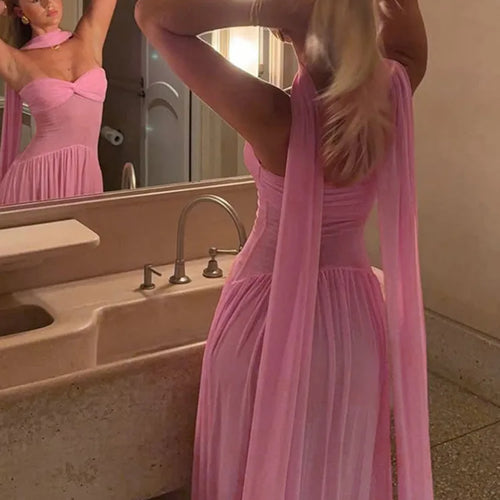 Load image into Gallery viewer, Scarf Collar Backless Sexy Maxi Dress For Women Gown Pink Strapless Off-shoulder Backless Mesh Long Dress Vestido
