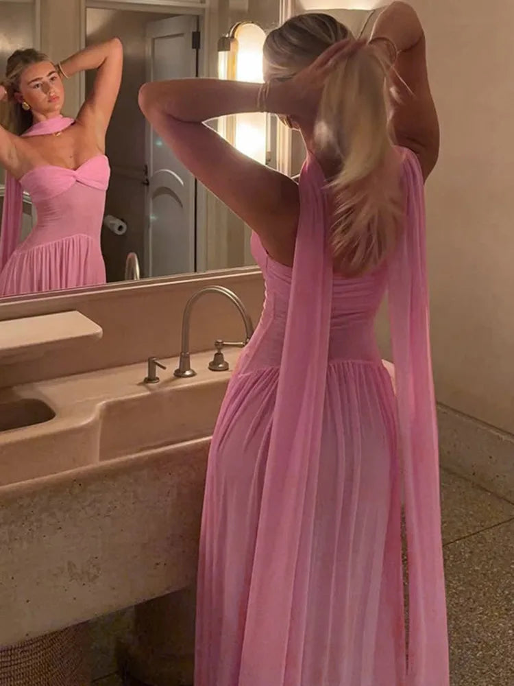 Scarf Collar Backless Sexy Maxi Dress For Women Gown Pink Strapless Off-shoulder Backless Mesh Long Dress Vestido