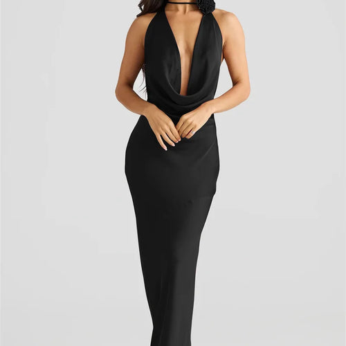 Load image into Gallery viewer, Satin Halter Backless Sexy Maxi Dress Women Gown Elegant Solid Sleeveless Lace-up High Waist Evening Club Long Dress
