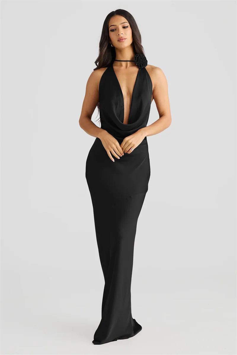 Satin Halter Backless Sexy Maxi Dress Women Gown Elegant Solid Sleeveless Lace-up High Waist Evening Club Long Dress