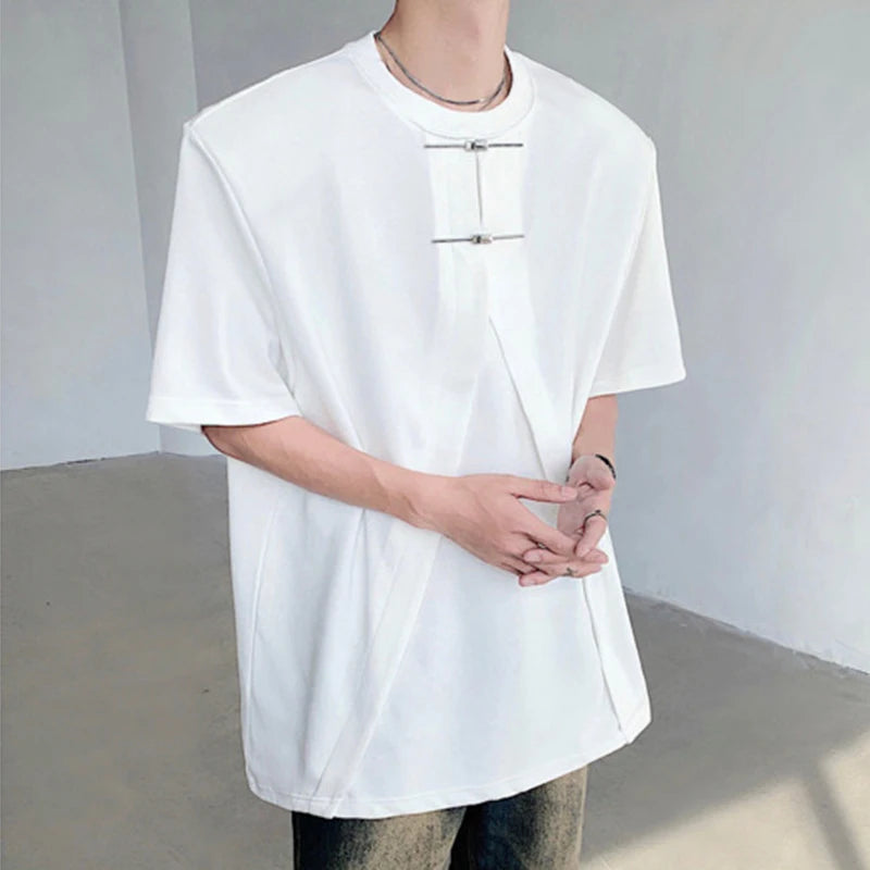 Simple Casual Male Top New Chinese Style Knot Buckle Design Shoulder Pad Short Sleeve T-shirt Trendy Solid Color C6001