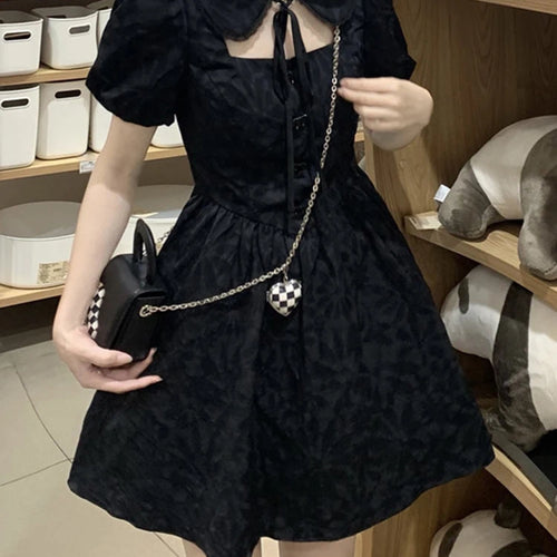 Load image into Gallery viewer, Black French Style Hollow Out Slim Women&#39;s Dresses High Street Puff Sleeve Pleated Solid Color Female Dress Evening Dress
