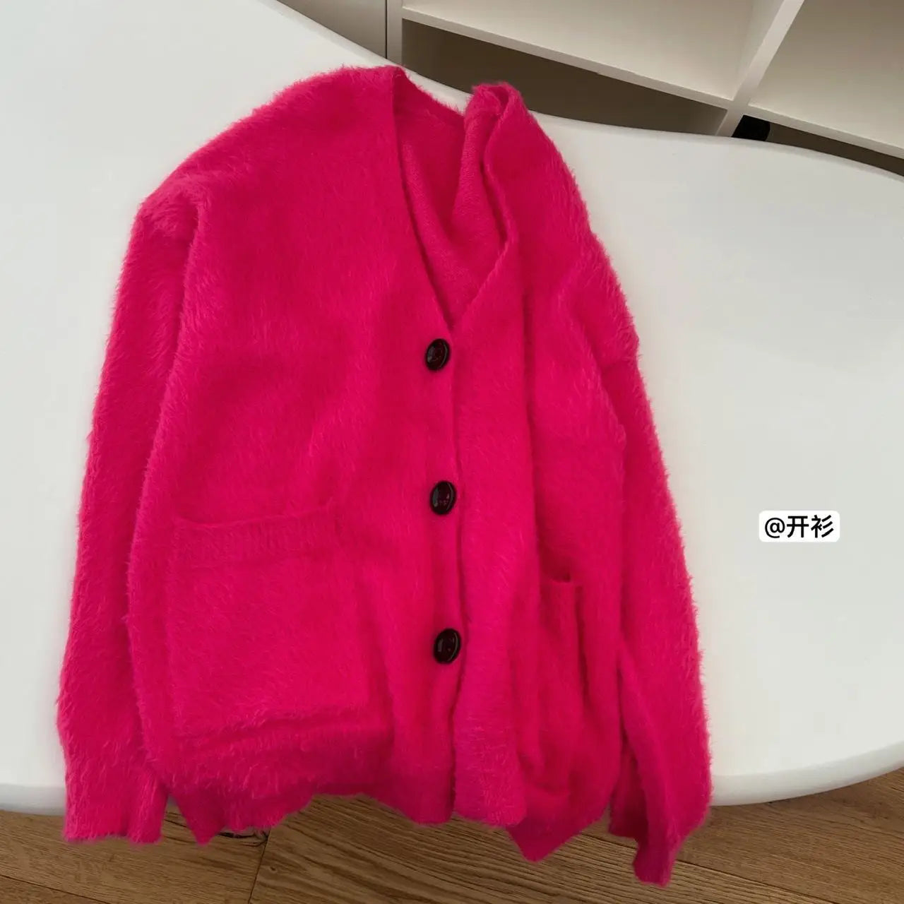 New Rose Red V-neck Single Breasted Knitted Cardigan Warm Tops Women Long Sleeve Loose Casual Sweater 2024 Autumn Winter Fashion
