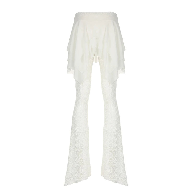 Fashion Y2K White Lace Trousers See Through Ruffles Patchwork Tierred Vintage 2000s Flared Pants Female Hottie Bottom