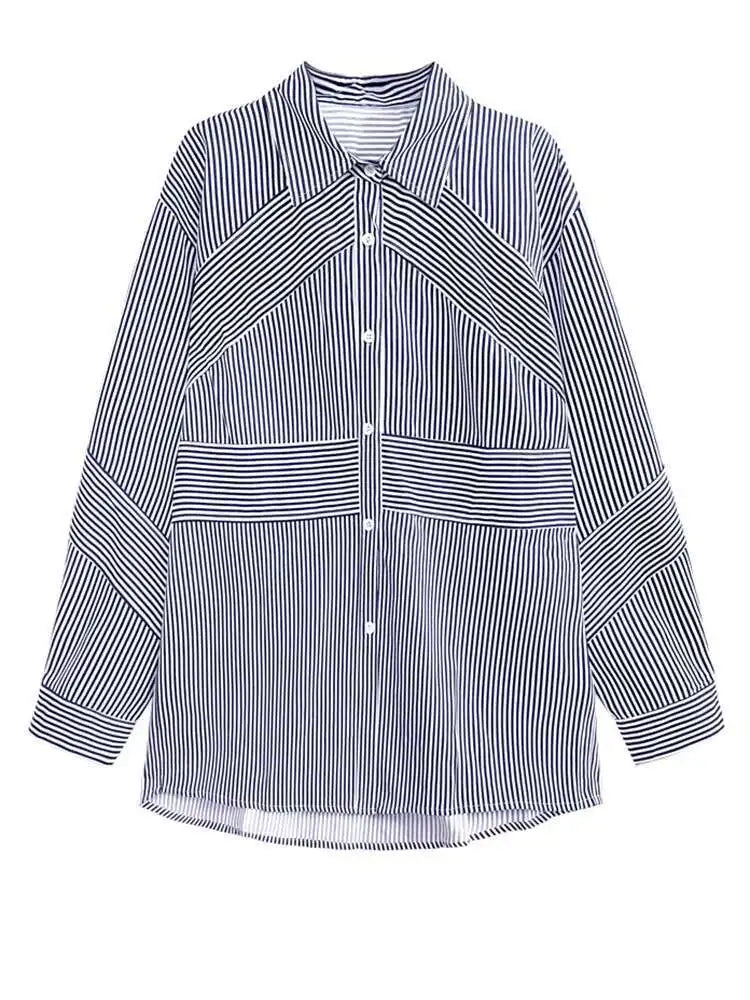 Women Blue Striped Big Size Casual Blouse New Lapel Long Sleeve Loose Fit Shirt Fashion Tide Spring Autumn 2025  1DH2926