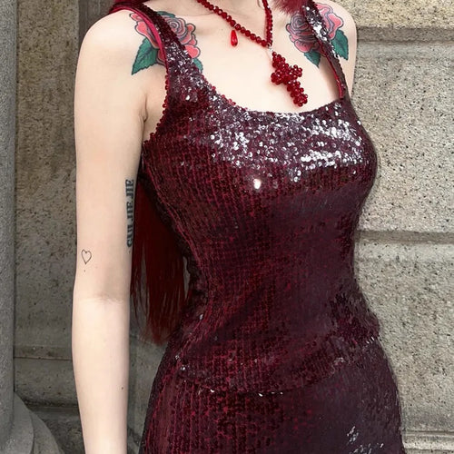 Load image into Gallery viewer, Solid Spliced Sequines Slimming Dresses For Women Square Neck Sleeveless High Waist Temperament Dress Female New
