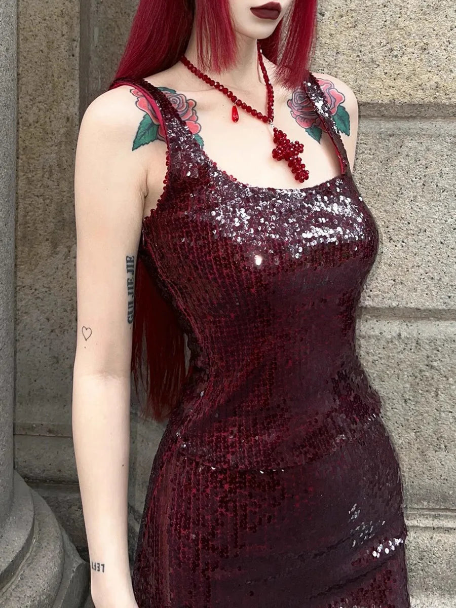 Solid Spliced Sequines Slimming Dresses For Women Square Neck Sleeveless High Waist Temperament Dress Female New