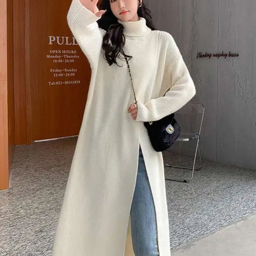 Load image into Gallery viewer, Women Orange Knitting Long Slit Big Size Dress New Turtleneck Long Sleeve Loose Fit Fashion Spring Autumn 2025 1DE5886
