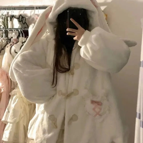 Load image into Gallery viewer, Kawaii Patchwork Loose Casual Hooded Coats Japanese Streetwear Fashion Fluffy  New Y2k Aesthetic Grunge Pocket Women Tops
