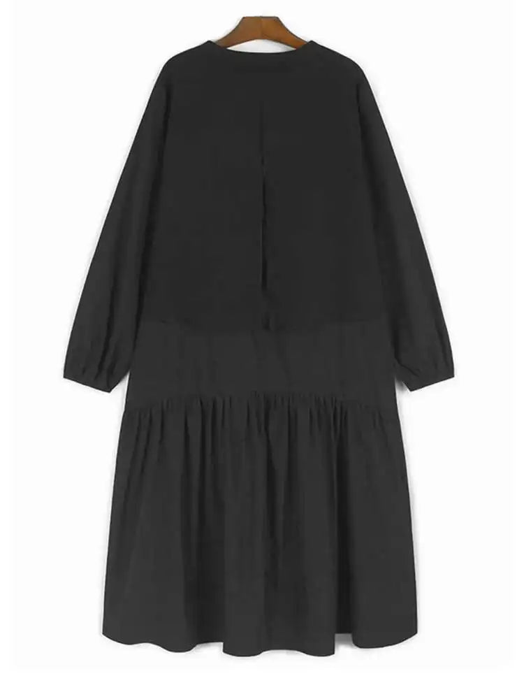 Women Black False Two Ruffles Hem Big Size Midi Dress New Round Neck Long Sleeve Fashion Tide Spring Autumn 2025 1DH9654