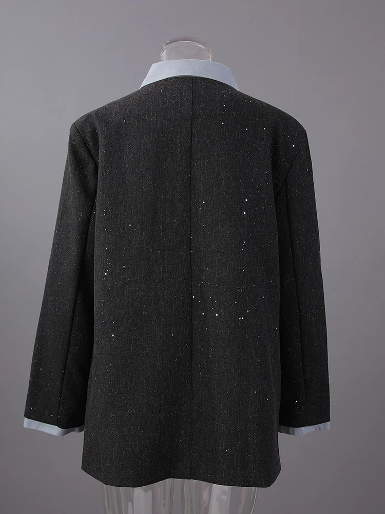 Women Black Color-block Big Size Elegant Blazer New Lapel Long Sleeve Jacket Fashion Tide Spring Autumn 2025 7AB8422