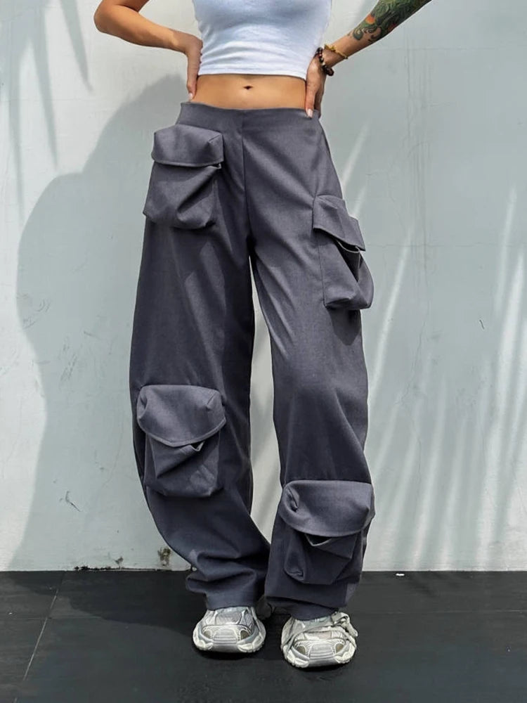 Solid Patchwork Pockets Casual Pants For Women High Waist Miniamlist Loose Cargo Pant Female Fashion Clothes