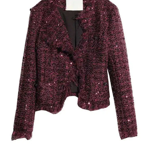 Load image into Gallery viewer, Wine Red Sequins Jacket Tassels Half-body Skirt Two Pieces Suit New Neck Women Fashion Tide Spring Autumn 2025 1DH8275
