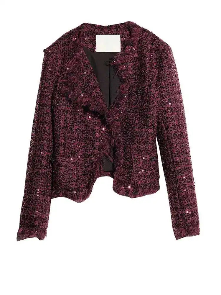 Wine Red Sequins Jacket Tassels Half-body Skirt Two Pieces Suit New Neck Women Fashion Tide Spring Autumn 2025 1DH8275