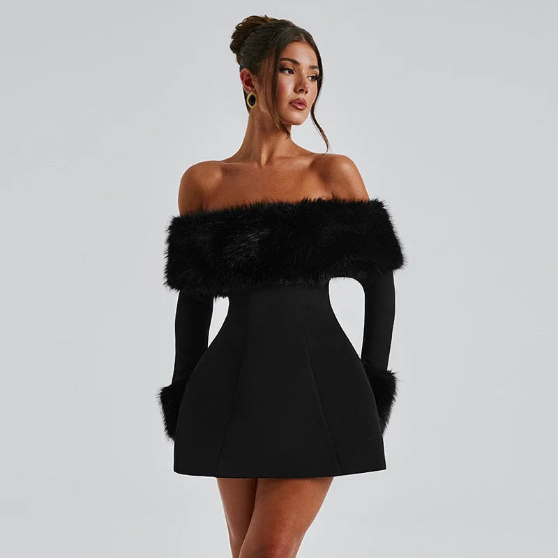 Feather Strapless Long Sleeve Sexy Mini Dress Women Fashion Off-shoulder Backless High Waist Club Party Dress Elegant