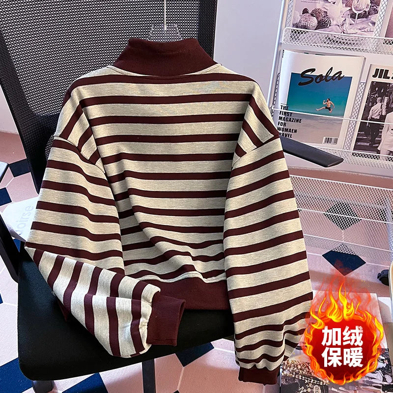 Korean Fashion Women's Striped Velvet Half Zipper Sweatshirt Autumn Winter Retro Long Sleeve Holiday Pullover Tops Thick Casual