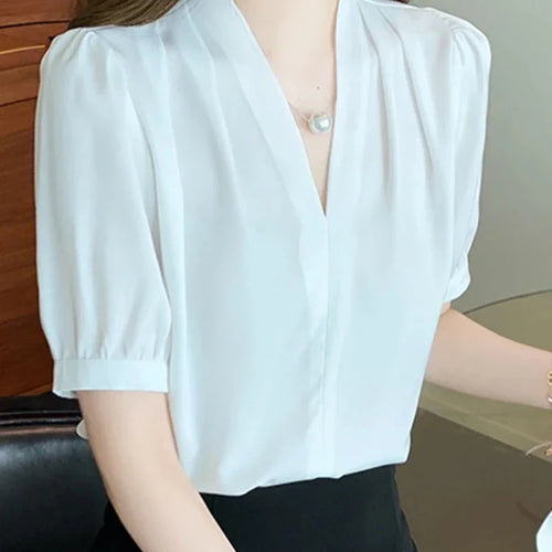 Load image into Gallery viewer, Pure Color Puff Sleeve Female Blouses V-neck Slim Elegant Summer Womem&#39;s Blouse Fashion Casual Streetwear Outfits
