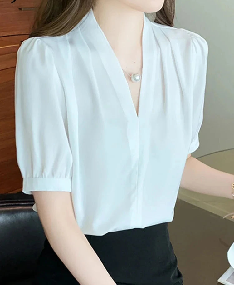 Pure Color Puff Sleeve Female Blouses V-neck Slim Elegant Summer Womem's Blouse Fashion Casual Streetwear Outfits