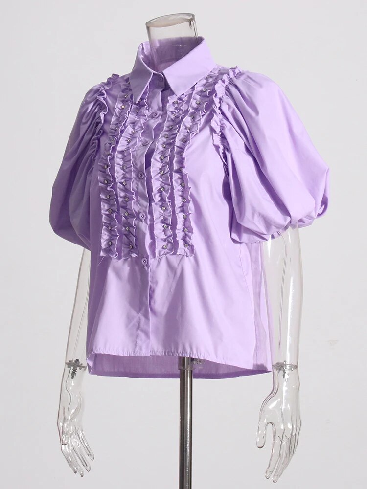 Minimalist Shirts For Women Lapel Puff Sleeve Casual Loose Ruffles Summer Blouse Female Fashion Style Clothing