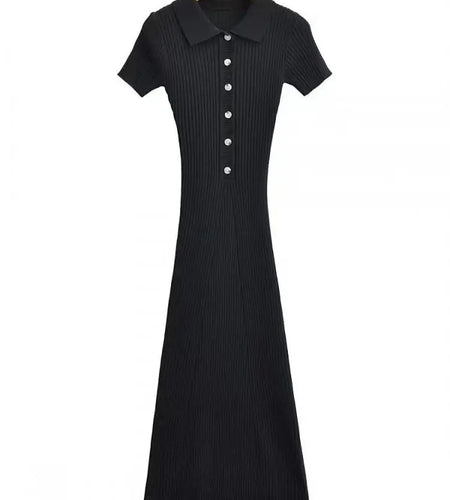 Korean Version Solid Polo Collar Single Breasted Knitted Long Dress Women's Summer Elegant Slim Short Sleeve Wrapped Hip Dresses