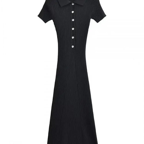 Load image into Gallery viewer, Korean Version Solid Polo Collar Single Breasted Knitted Long Dress Women's Summer Elegant Slim Short Sleeve Wrapped Hip Dresses
