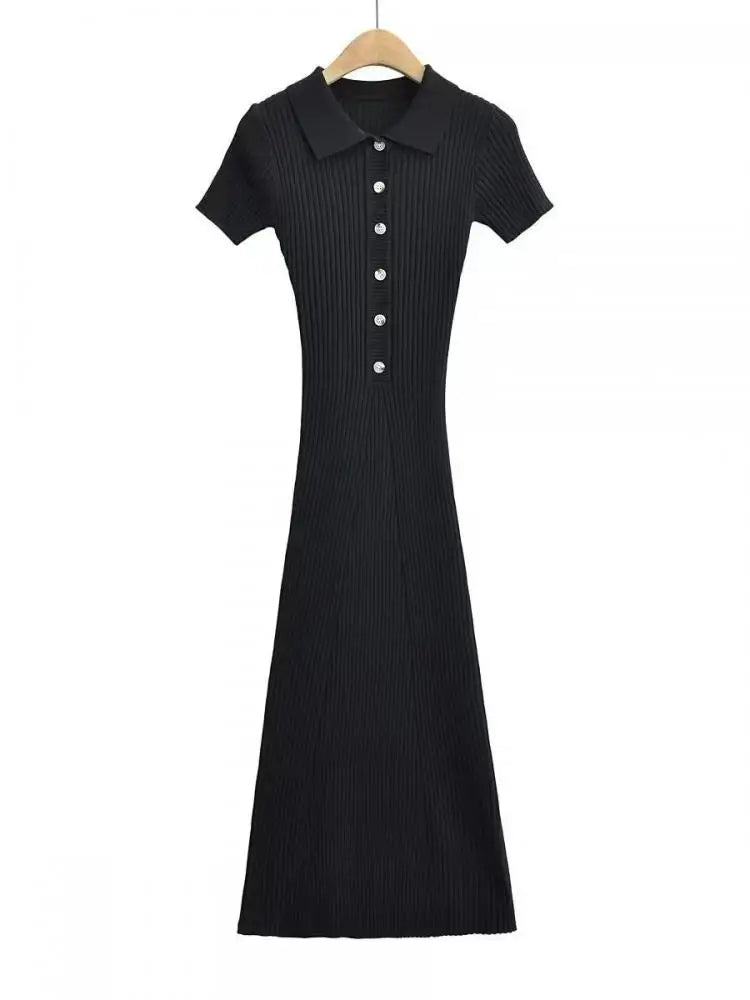 Korean Version Solid Polo Collar Single Breasted Knitted Long Dress Women's Summer Elegant Slim Short Sleeve Wrapped Hip Dresses