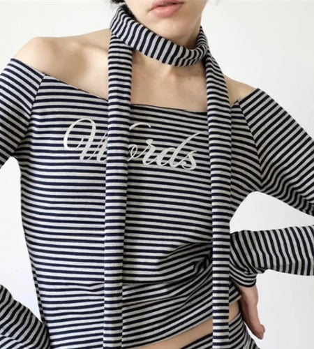 Tshirts for Women 2024 Ropa Mujer Slash Neck Tunic Long Sleeve Tees Y2k Tops Fashion Korean Camisetas Striped Casual T-shirt