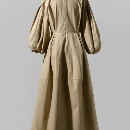 Load image into Gallery viewer, Women Kahki Elegant Big Size Long Dress New V-Neck Long Lantern Sleeve Loose Fit Fashion Tide Spring Autumn 2025  1DH0488
