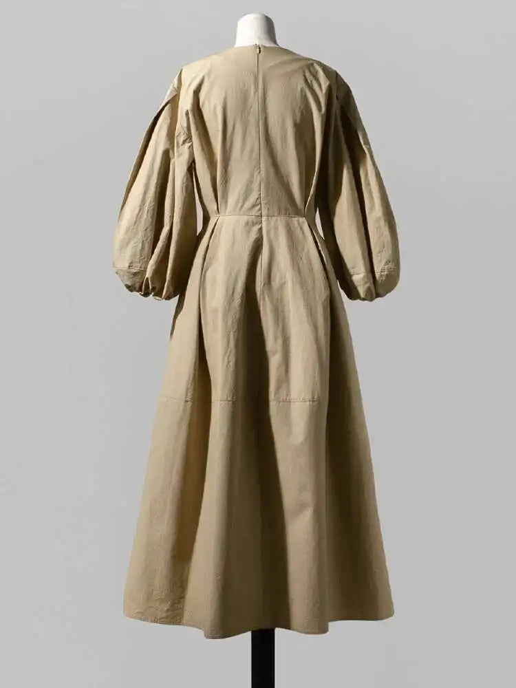 Women Kahki Elegant Big Size Long Dress New V-Neck Long Lantern Sleeve Loose Fit Fashion Tide Spring Autumn 2025  1DH0488