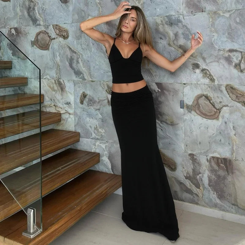 Print Sexy 2 Piece Sets Women Summer New V Neck Crop Tops And Maxi Skirt Female Elegant Club Party Slim Skirt Set