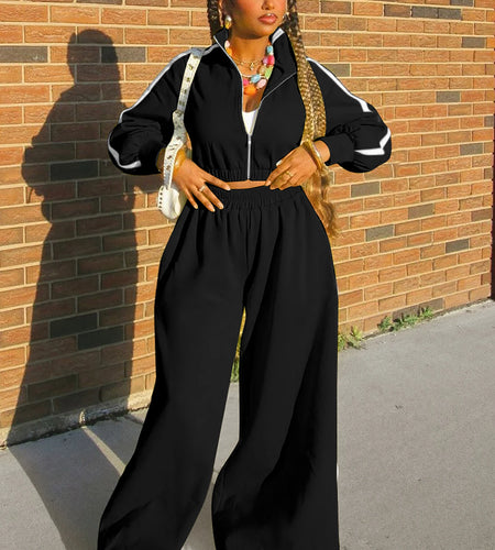 Fall Fashion 2 Pcs Sets Matching Color Long Sleeve Zipper Crop Top Falre Sweatpants Outfits Streetwear Work Out