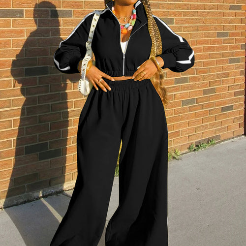 Load image into Gallery viewer, Fall Fashion 2 Pcs Sets Matching Color Long Sleeve Zipper Crop Top Falre Sweatpants Outfits Streetwear Work Out
