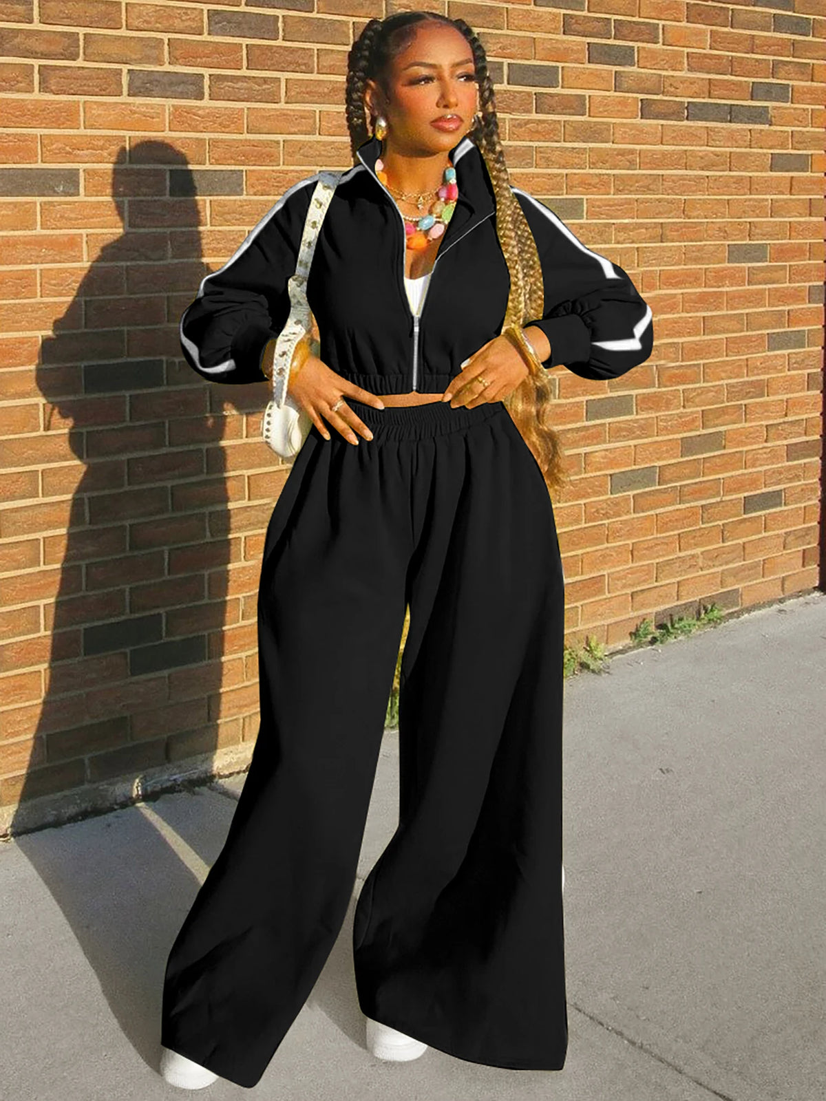 Fall Fashion 2 Pcs Sets Matching Color Long Sleeve Zipper Crop Top Falre Sweatpants Outfits Streetwear Work Out