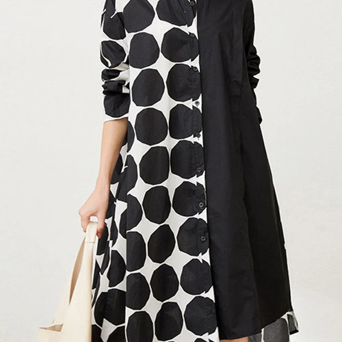 Load image into Gallery viewer, Women Black Dot Printed Big Size Knee-length Shirt Dress New Lapel Long Sleeve Fashion Tide Spring Autumn 2025 1DJ1505
