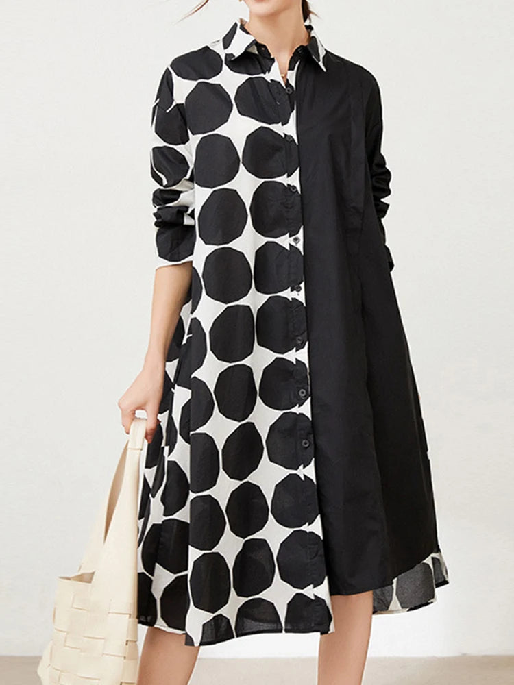 Women Black Dot Printed Big Size Knee-length Shirt Dress New Lapel Long Sleeve Fashion Tide Spring Autumn 2025 1DJ1505