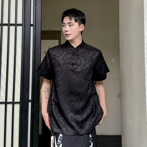 Load image into Gallery viewer, Chinese Style Men&#39;s Short Sleeve T-shirt Buckle Decoration Jacquard Fashion Loose Casual Male Top Stand Collar 9C5594
