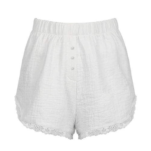 Load image into Gallery viewer, Casual White Basic Summer Shorts Women Lace Trim Buttons Homewear Sporty Chic Short Pants Elastic Waist Korean Hottie
