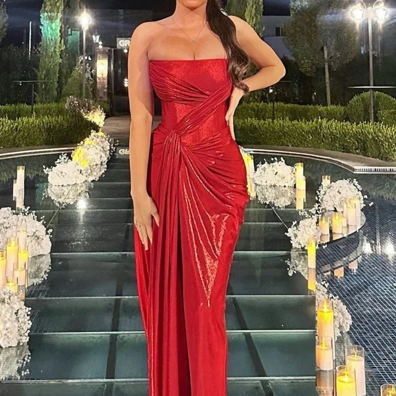 Off-shoulder Strapless Sexy Maxi Dress For Women Fashion Red Sleeveless Backless Thigh High Split Bodycon Club Dress